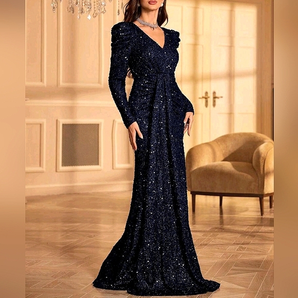 NEW Luxe Sequin Puffed Long Sleeve Draped Front Maxi Gown Dress Navy Blue